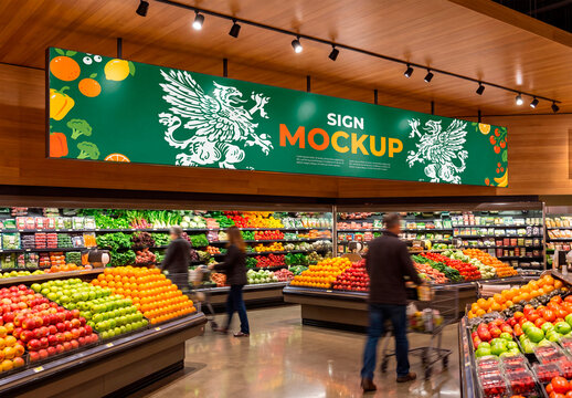Wide supermarket banner mockup above produce section