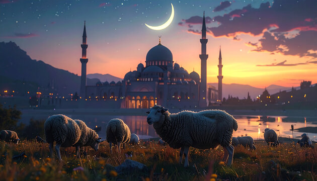 Evening mosque with sheep and crescent