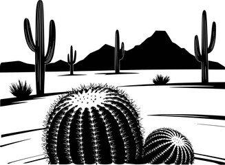 Black and white silhouette of a desert landscape with saguaro and barrel cacti, mountains, and sparse vegetation © simplevector
