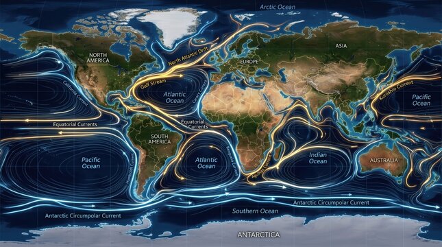 Ocean currents like lines of light on the world map