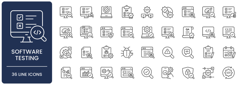 Software testing icon set. Collection of QA quality assurance, test automation, bug tracking, validation and regression debugging line icon vector illustration with editable stroke.