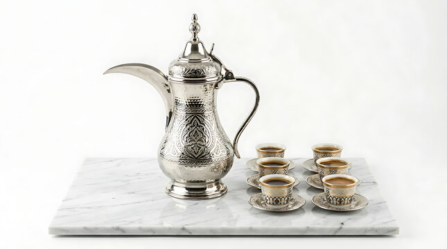 Traditional silver dallah coffee pot and six small decorative cups arranged on a white marble tray for elegant hospitality service