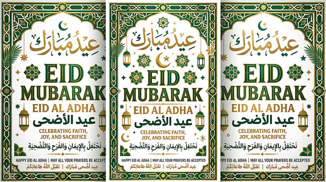 Elegant green and gold eid al adha greeting poster design featuring traditional islamic geometric patterns and decorative lanterns