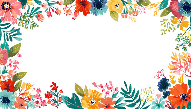 A colorful border that features blooming flowers and petals on a white background. Blue, orange, pink, yellow, and green leaves add a lively decorative frame for text.