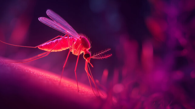 Ultra macro mosquito feeding on human skin with glowing red abdomen for disease transmission concepts, medical research and dangerous insect infestation themes	
