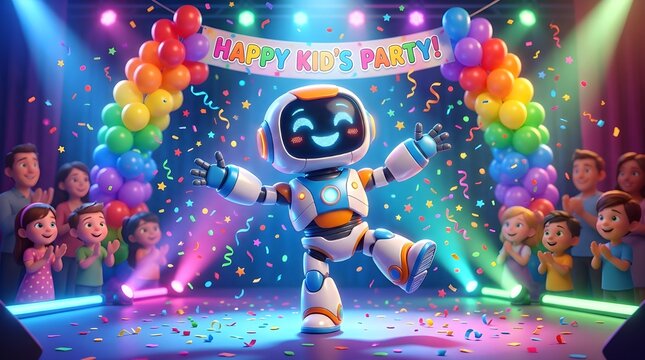 Adorable cartoon robot dancing happily on a colorful kids party stage with balloons, confetti, and cheering children. Perfect for children entertainment, celebration, and educational themes