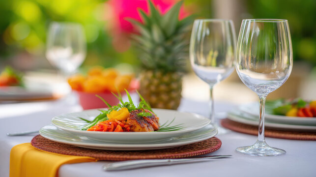 An elegantly set table with a gourmet dish, wine glasses, and a pineapple, promising a delightful dining experience. The scene evokes tropical luxury and culinary excellence