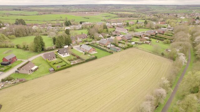 Aerial View of Rural Housing and Farmland in Wallonia Countryside, Belgian Village Surrounded by Green Fields and Agricultural Landscape