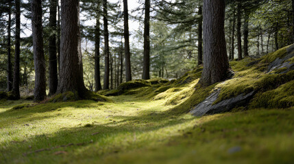 Obraz premium A sun-dappled path winds through a tranquil pine forest, with moss-covered rocks and vibrant green undergrowth creating a serene natural scene