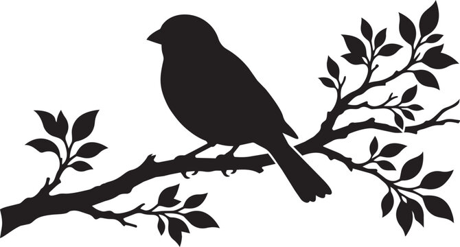 Black bird silhouette on branch, bird on tree branch, blackbird icon, vector illustration
