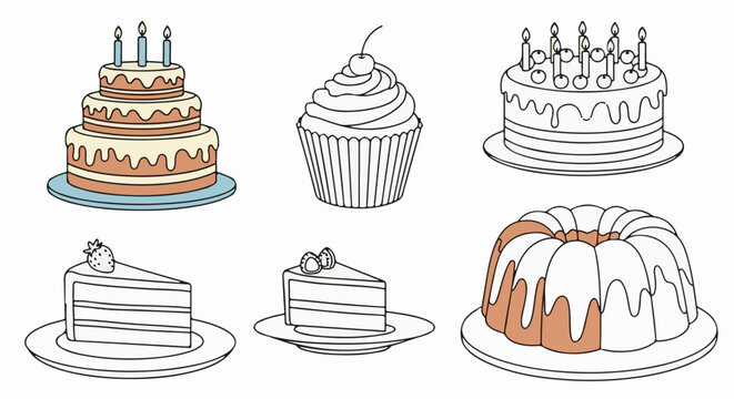 Collection of sweet baked goods, including tiered cakes, a cupcake, and cake slices