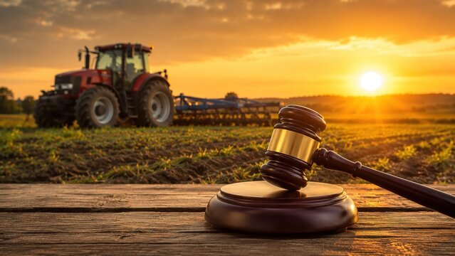 Judge gavel on wooden table with tractor in agricultural field during sunset. Agricultural law, farm regulations, rural economy, land rights, legal dispute, farming business, and agribusiness policy.