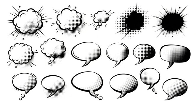 Collection of comic book speech bubbles and sound effects.