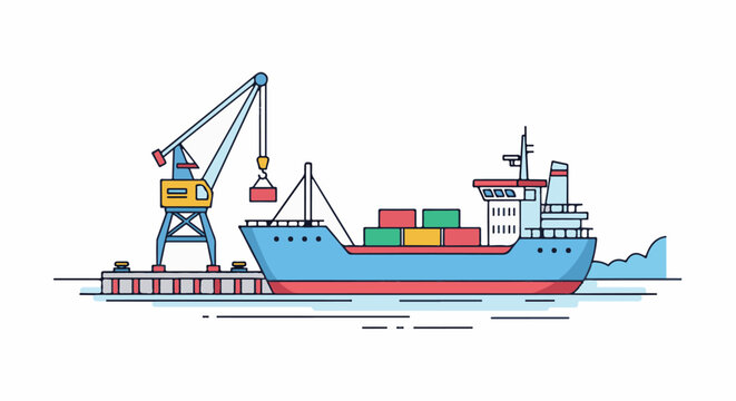 Container ship being loaded by a crane at a port