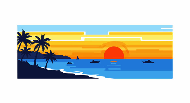 Colorful pixel art tropical beach at sunset with palm trees and boats