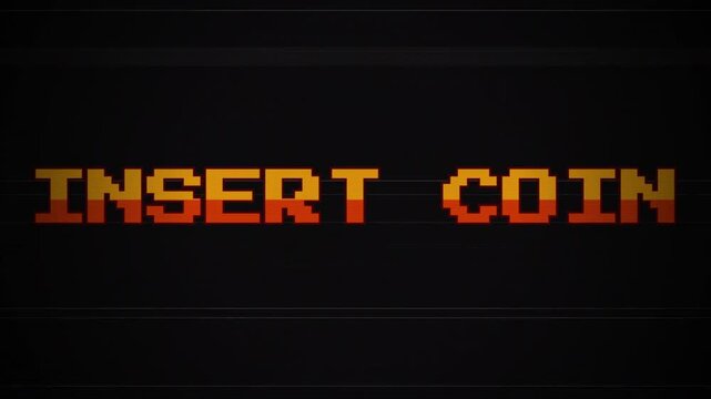 Retro 8-Bit Insert Coin Text Animation with Glitch Effect on VHS Background, Vintage Arcade Gaming, Pixel Art, CRT Noise, Old TV Interference, Retro Aesthetic Loop 4k video