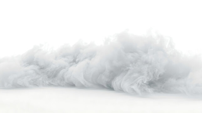 Dense white fog bank rolling across flat surface isolated on pure white background for atmospheric design and cinematic visual effects