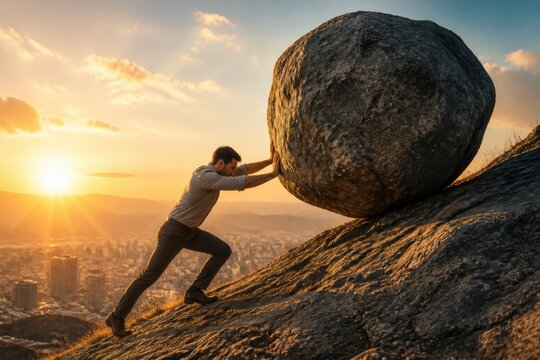 Business challenge and motivation concept man pushing a boulder uphill at sunrise toward success