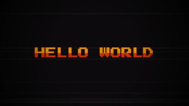 Hello World 8-bit Retro Text Animation with Glitch Effect, Vintage Arcade Screen, VHS CRT Scanlines, Pixel Art Aesthetic, Gaming Background, 1980s Digital Style 4k video