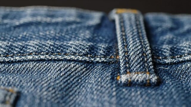 Close up view of the details of classic blue jeans fabric and stitching showing texture
