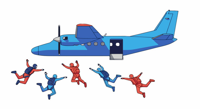 Blue airplane with open door, skydiving figures in red and blue suits jump out