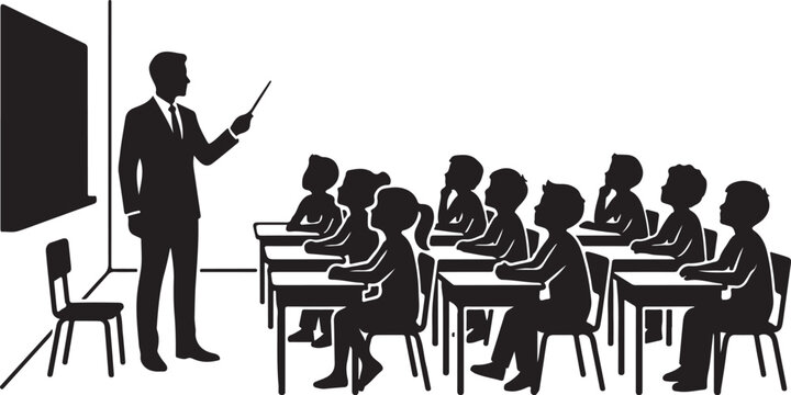 Classroom, teacher, students, education icons, black silhouette, vector illustrations, school desk, learning, teaching