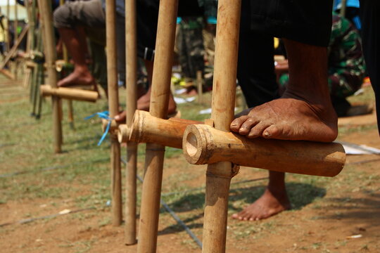 traditional bamboo stilts outdoors, showcasing balance, coordination, and Indonesian cultural heritage games.