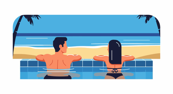 Couple enjoying a poolside view of the ocean with palm trees