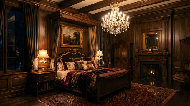 Luxurious master bedroom interior featuring dark wood paneling, a grand canopy bed with rich velvet bedding, an ornate crystal chandelier, and a cozy fireplace