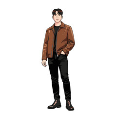 Fototapeta premium Stylish Young Man in Brown Jacket and Black Jeans.