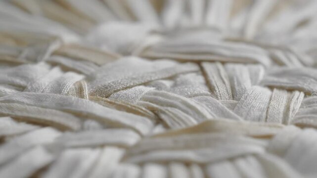 Close-up slow motion of hand-woven natural white textile fabric showing woven texture and soft natural light.