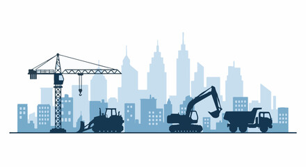 Obraz premium Construction vehicles and skyline silhouette at a building site