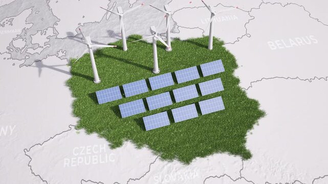 Animated map of Poland showing wind turbines and solar panels emerging from the green ground. 3D animation.