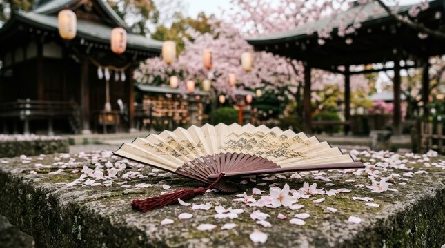 Japanese fan on stone pedestal outdoors.