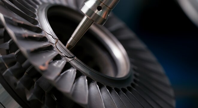 Extreme macro Eddy current NDT probe scanning cracked aviation turbine disk.