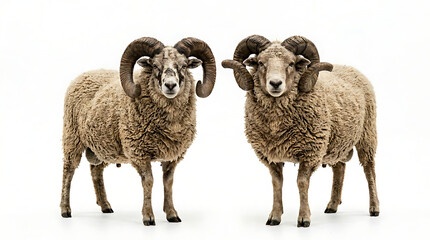 Fototapeta premium Two majestic horned ram sheep standing side by side looking forward against a clean white background for farm and livestock concepts