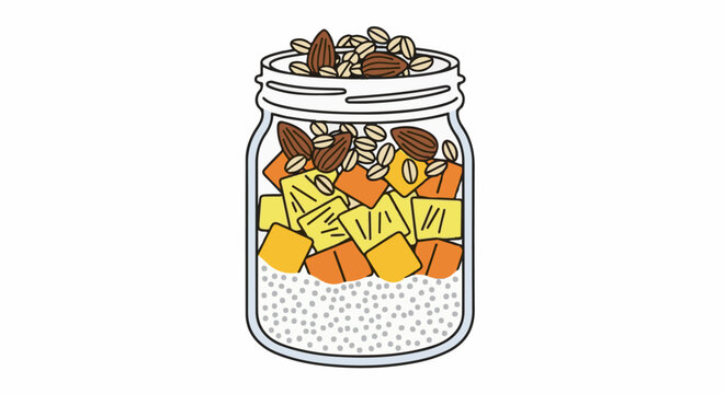 Colorful fruit and seed parfait layered in a clear jar for a healthy breakfast