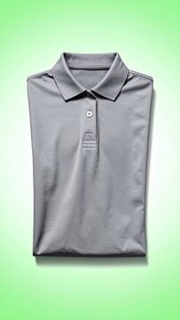 Folded gray polo shirt with buttoned placket and collar studio shot on a subtle gradient background