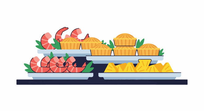 Buffet spread featuring shrimp, mini pies, and pineapple slices