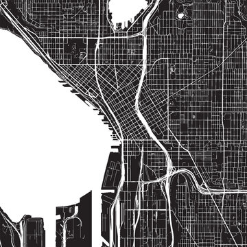Downtown Seattle Washington Vector Map, Detailed District Street Map Black and White Minimalist Line Art