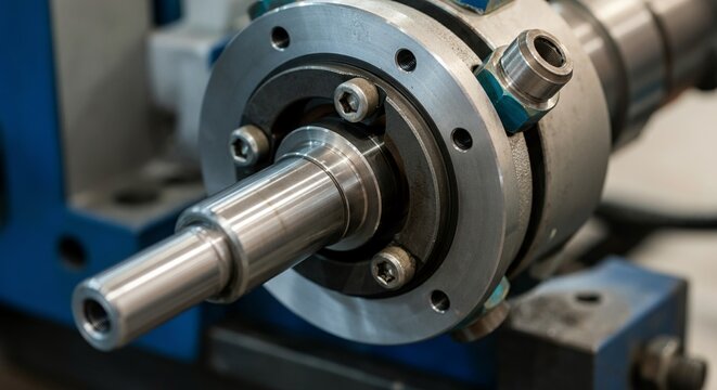 Macro detail ruptured industrial pneumatic air cylinder severely bent stainless steel.