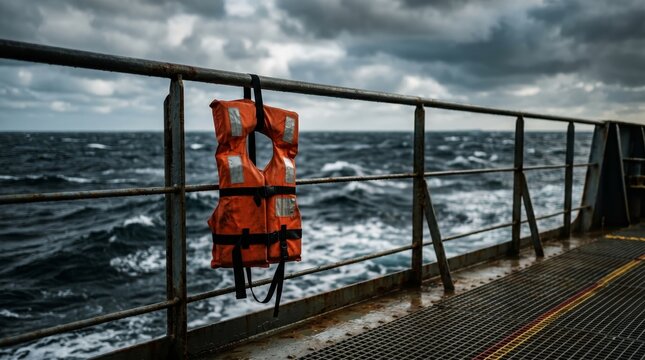 Life preserver hanging on ship railing.