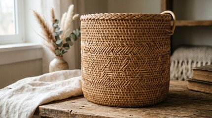 Fototapeta premium Rustic Woven Basket with Decorative Features on Wooden Table