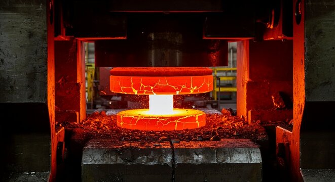 Extreme macro glowing red hot steel billet cracking massive industrial forging.