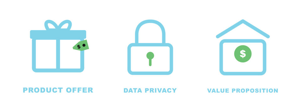 Product offer and data privacy icons for business value proposition and security.