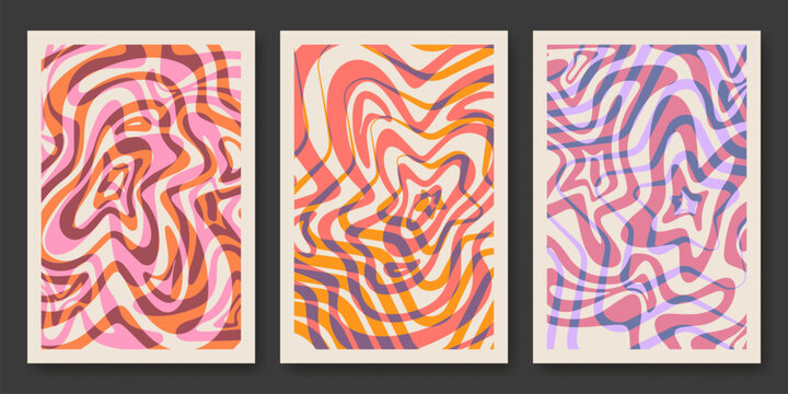 Psychedelic swirl patterns set with vibrant wavy lines. Set of vector posters with abstract colorful groovy background, funky geometric shapes and trippy radial circles for modern crazy banner design