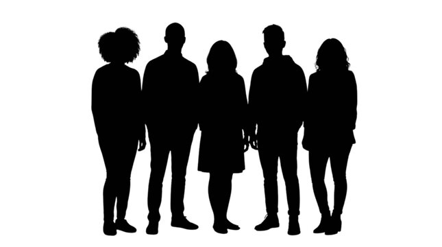 Black silhouettes of five people standing isolated on transparent background, Vector