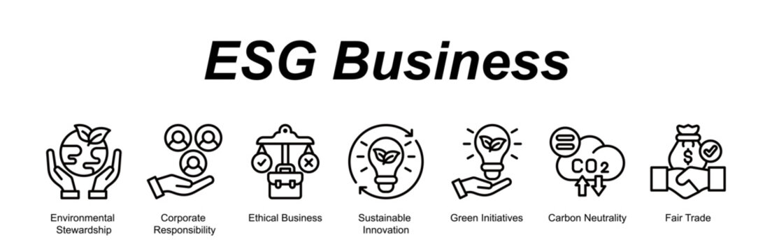 ESG Business web banner icon concept for with icon of Environmental Stewardship, Corporate Responsibility, Ethical Business, Sustainable Innovation, Green Initiatives, Carbon Neutrality, Fair Trad.