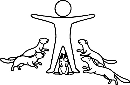 Person defending small animal from multiple predators