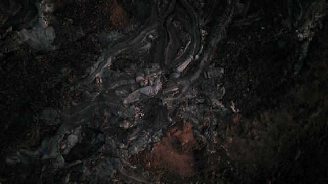 Aerial top down view of solidified lava field, volcanic landscape of La Palma, Canary Islands, Spain
